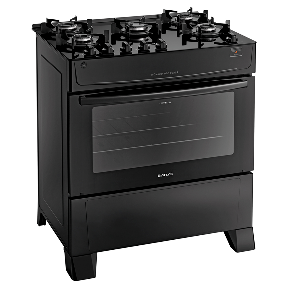 Fogão Atlas 5 Bocas Mônaco Top Glass Automático Mesa Vidro Forno 86,5L - Bivolt - Preto